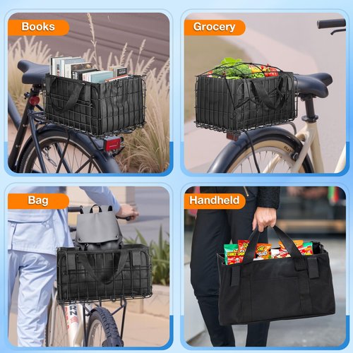ONZILLO Bike Basket Rear, Bicycle Basket Foldable with Rainproof Cover and Removable Liner Bag, Metal Electric Basket for Adult Women Men Carrying Small Dogs Cats Pets, Grocery, 14.9"×10.7"×8.4"
