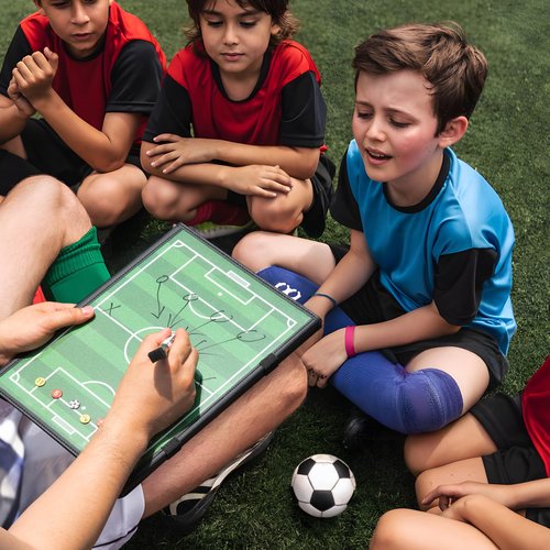 WISYOK Leather Covered Magnetic Soccer Lineup Board, Foldable and Portable Clipboard for Coaches with 48 Cards, 2 Markers, 4 Hooks and 1 Organizer Bag