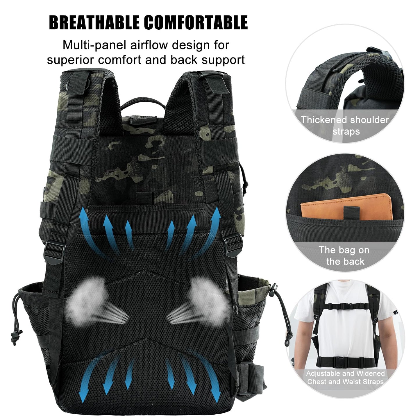 kookoomia Military Tactical Backpack 25L Day Backpack for Men Molle Army 3 Days Assault Pack Bug Out Bag Water Resistant and Heavy Duty Hiking Treeking Rucksack - Black Camo