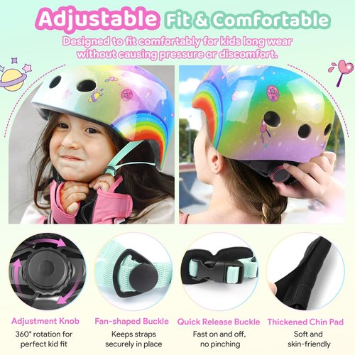 Vvinca Kids Toddlers Bike Helmet Adjustable for Ages 3-5-8 Years, Knee Pads and Elbow Pads Set Wrist Guard Sports Protective Gear Set for Roller Skate Bicycle Skateboard Scooter Girls Birthday Gift