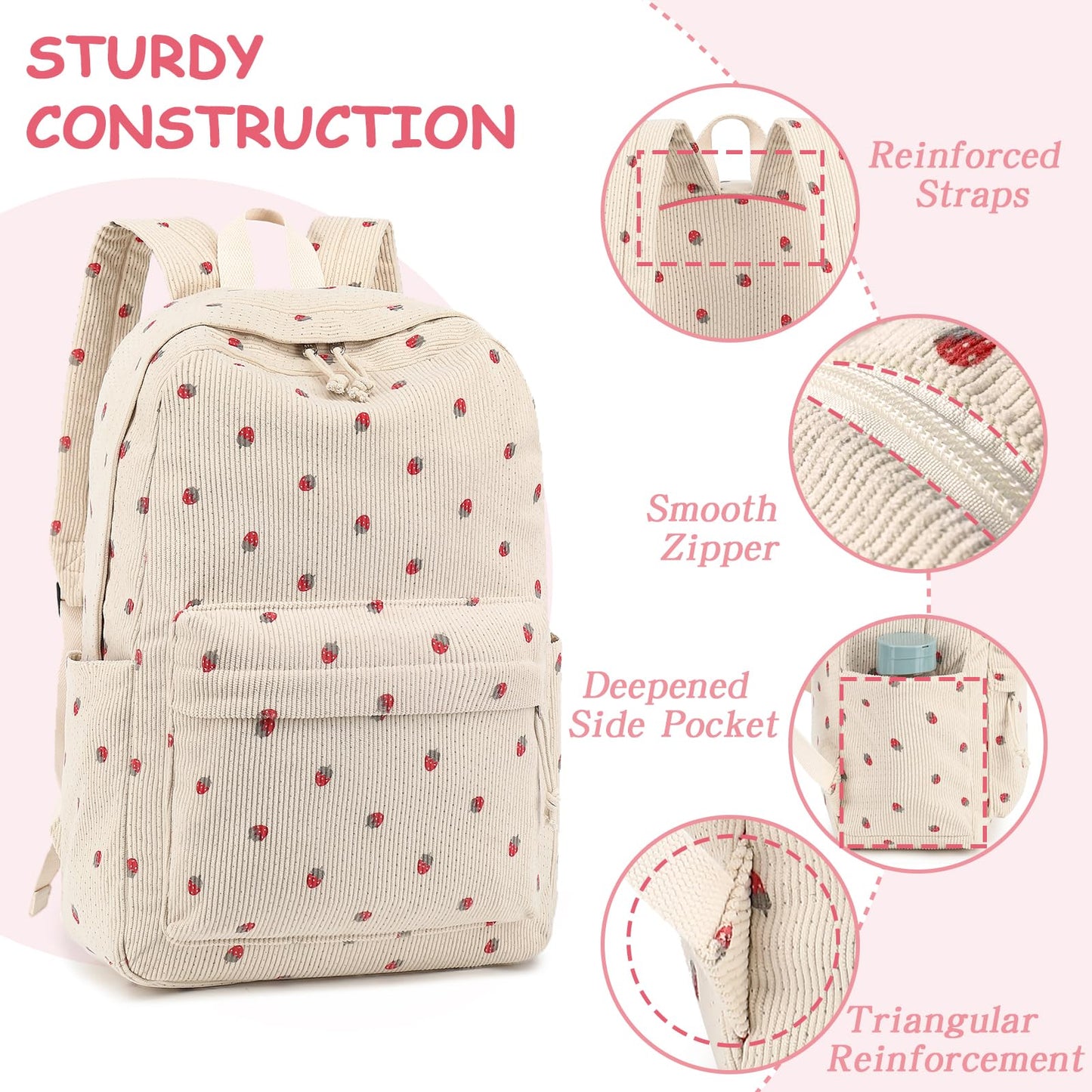 Bluboon Backpack for School Girls Women, Cute Corduroy Laptop Bookbag for Kids Teens, Durable Girls Lightweight Backpack