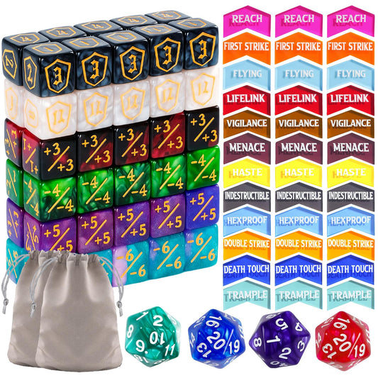 100 Pieces MTG Dice Keyword Counter Set Life Counter Game Tokens for Magic The Gathering Includes 36 Acrylic Keyword Counters +1/-1 Dice, Shield Dice, D20 Spindowns, Velvet Bags & Storage Box