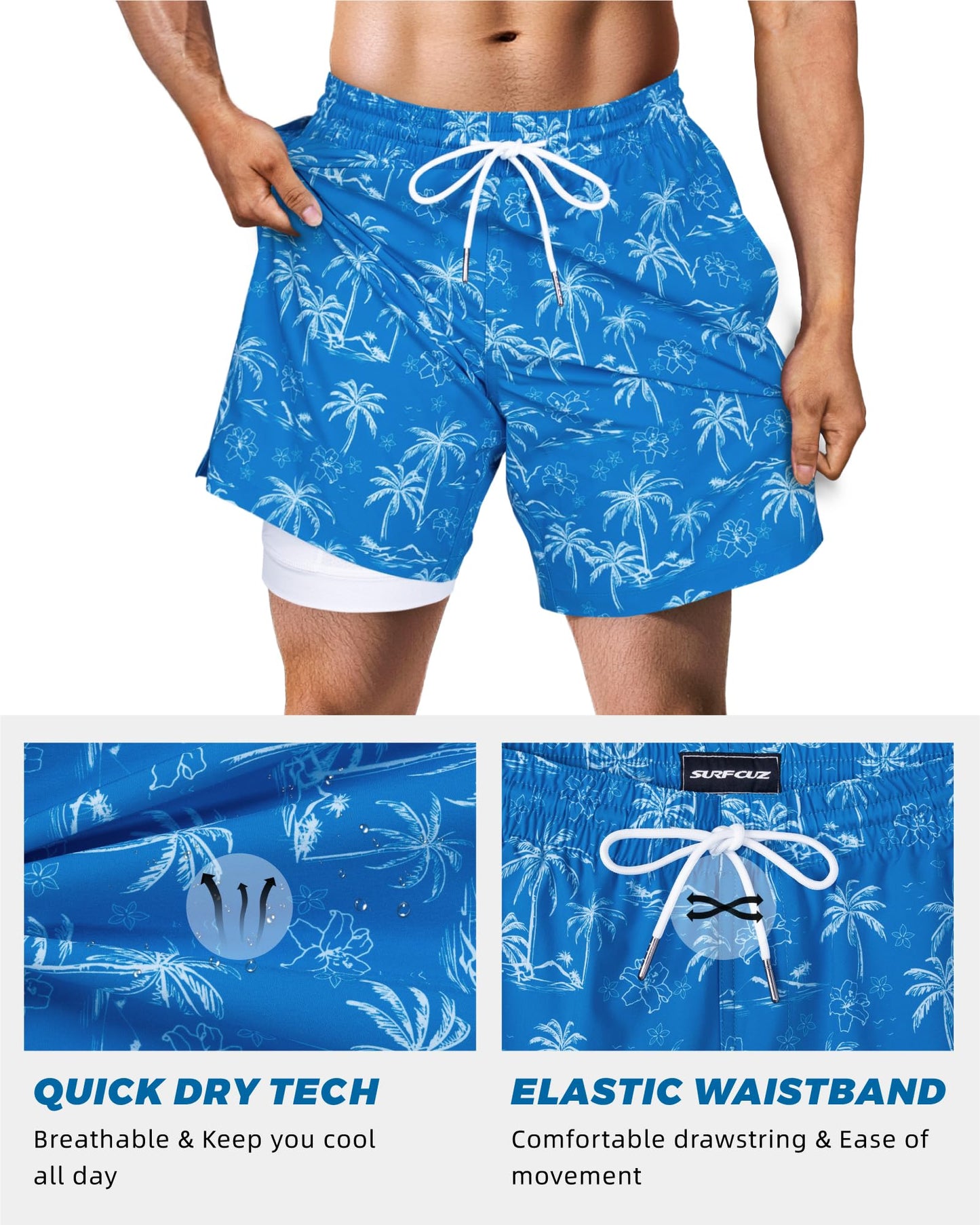 SURF CUZ Mens Swim Trunks with Compression Liner Quick Dry Swim Shorts 7" Swimming Trunks Stretch Zipper Pockets Blue Palm Island Small