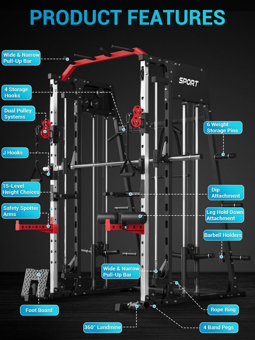 MIUUKA Smith Machine with Cable Crossover for Home Gym,2200lbs Multi-function Squat Rack Power Cage,All-in-One Fitness Equipment with LAT Pull-Down & Dual Pulley System & Leg Hold-Down Attachment, Red