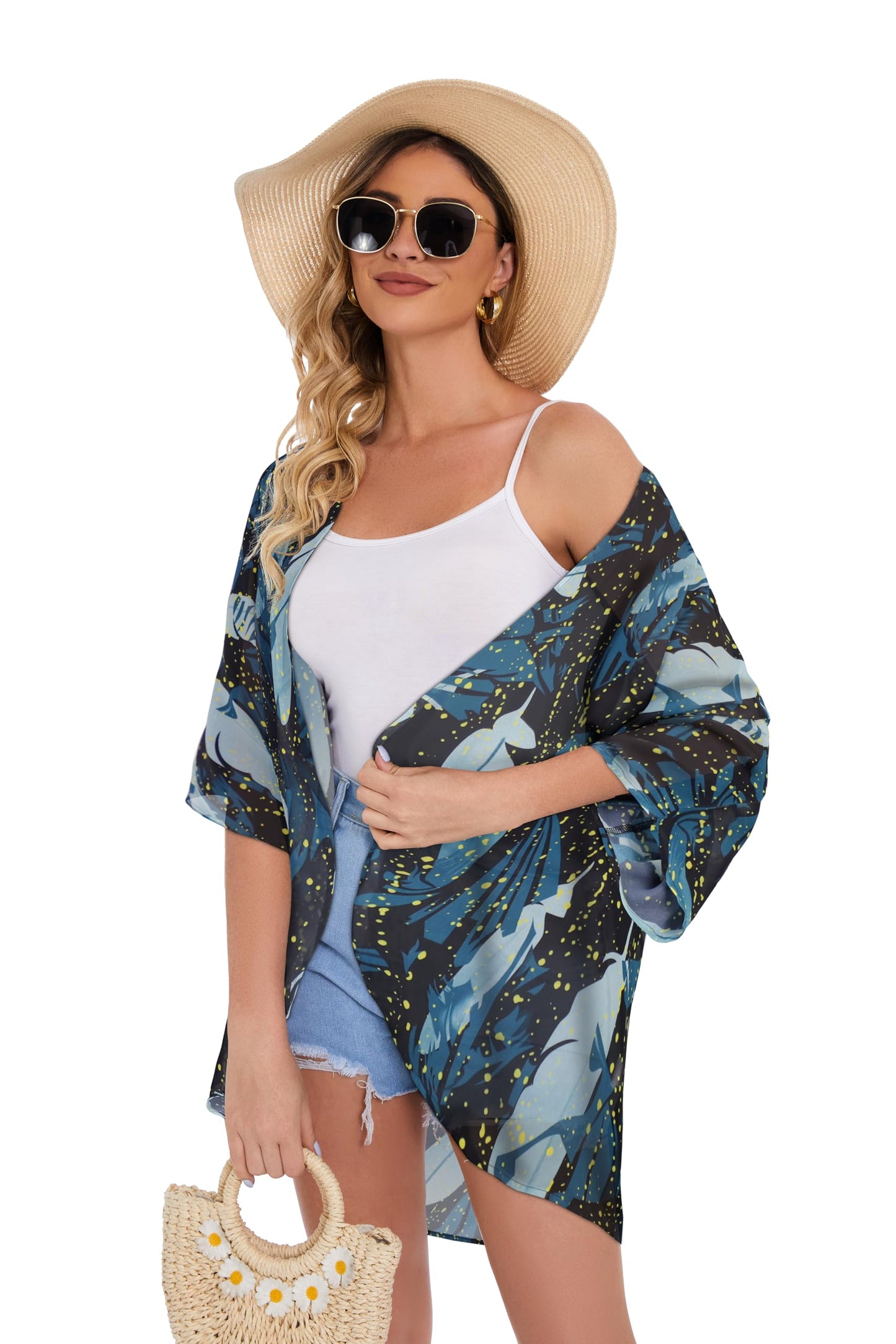 Womens Casual Coverup Summer Kimono Cardigan Hawaiian Shirts Loose Blouse Duster （Firefly Blue Print,2XL）