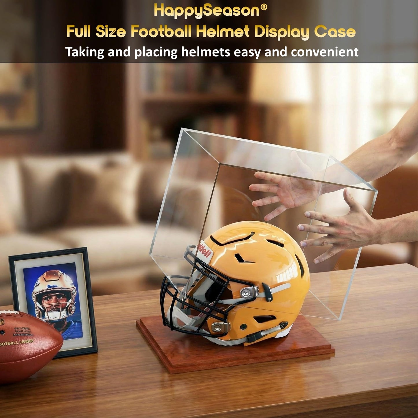 Happyseason Football Helmet Display Case, One-Piece Acrylic, Solid Wood Base, Full Size Helmet Display Case, Sports Collectible Memorabilia, No Assembly Required (Cherry Brown, Full Size)