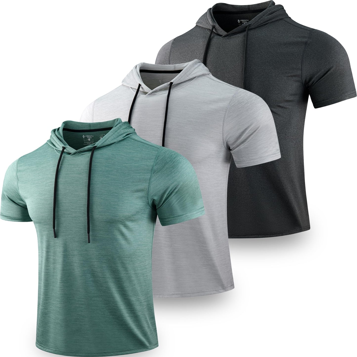 Liberty Pro 3 Pack: Men's Lightweight Short Sleeve Workout Hoodies, Athletic Dry Fit Hooded T Shirts for Gym Running (Set 2, 3X-Large)