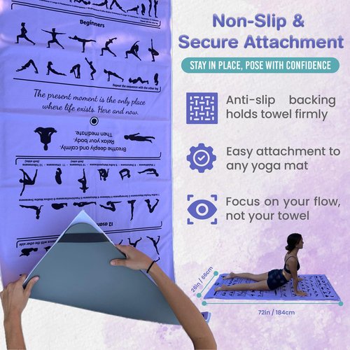 Yoga Towel Non Slip – Light Purple, Illustrated Yoga Poses, Absorbent Microfiber for Hot Yoga, Extra Long Quick-Drying Mat Towel, Full Mat Coverage, Ideal for Bikram, Vinyasa (LIGHT PURPLE)