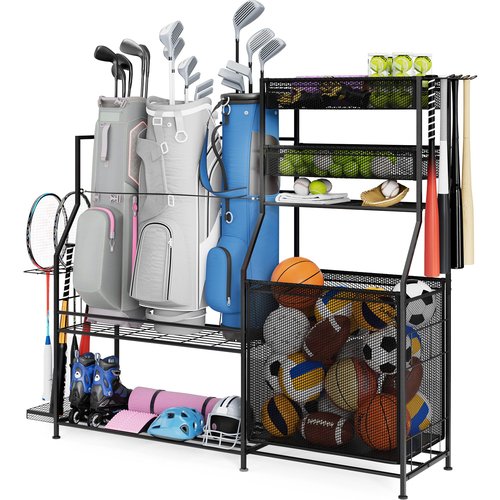 Homiesetify Garage Sports Equipment Organizer, 3 Golf Bag Organizer Stand Heavy-Duty Ball Storage Rack with Basket and Hooks, Ball Storage Cart for Toy Sports Gear Storage, Black