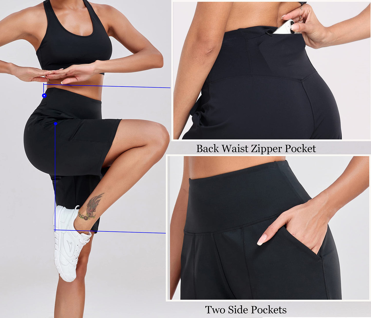 Oalka Women's High Waisted Shorts Yoga Workout Bermuda Long Hiking Shorts with Pockets 10" Shorts Black L