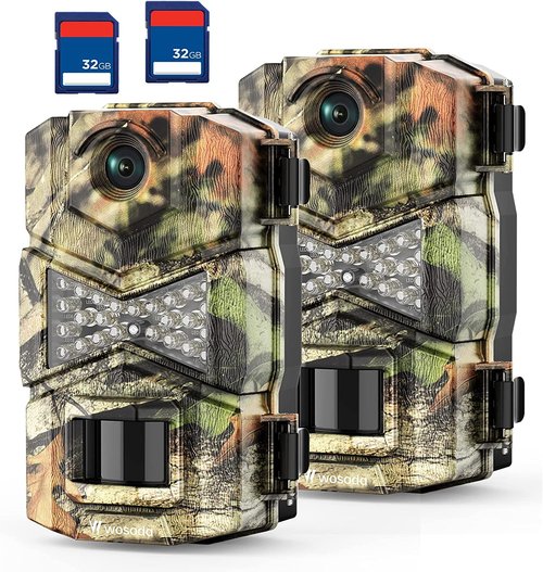 WOSODA 2 Pack Trail Cameras with Night Vision Motion Activated Waterproof,30MP Hunting Game Camera,1080P HD Trail Cam with SD Card for Wildlife Monitoring,Outdoor Scouting & Security