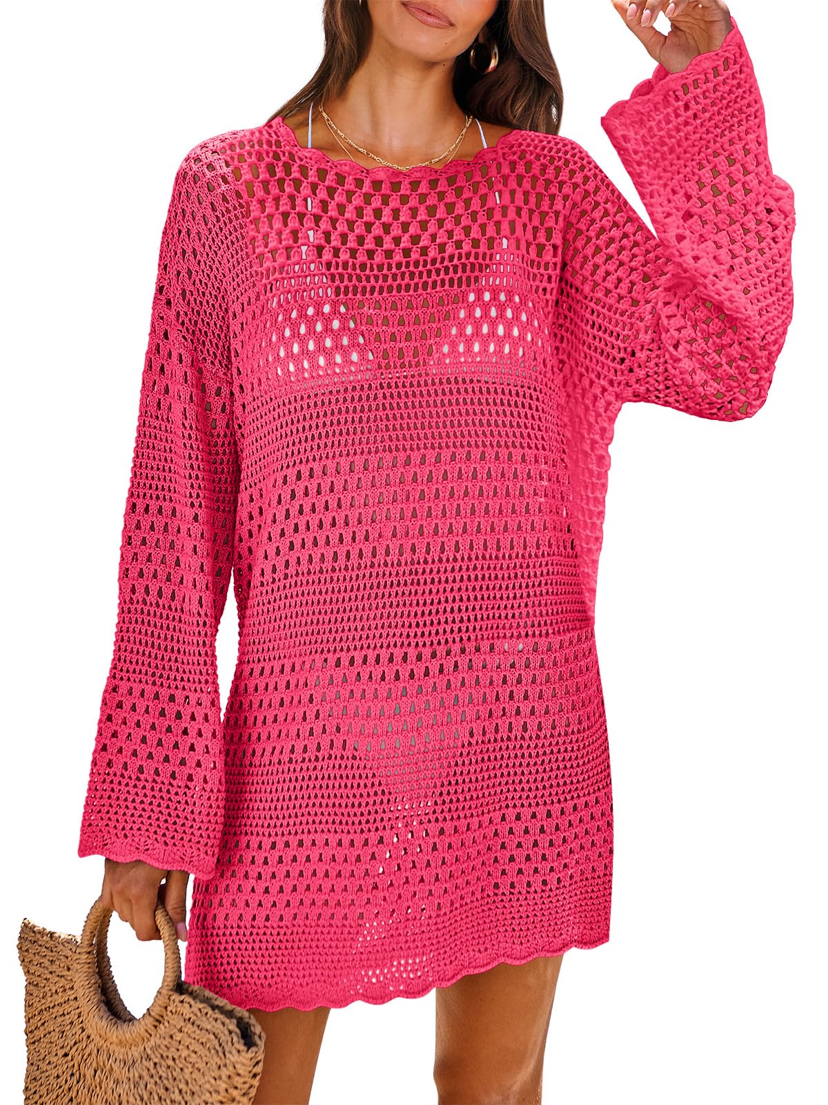 ANRABESS Women Swimsuit Crochet Swim Cover Up 2026 Summer Bathing Suit Swimwear Mesh Knit Beach Dress Vacation Outfits Rose Small
