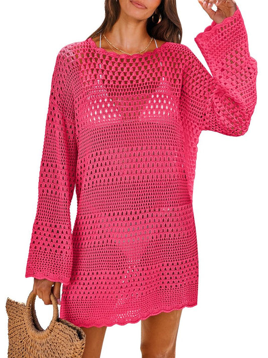 ANRABESS Women Swimsuit Crochet Swim Cover Up 2026 Summer Bathing Suit Swimwear Mesh Knit Beach Dress Vacation Outfits Rose Small