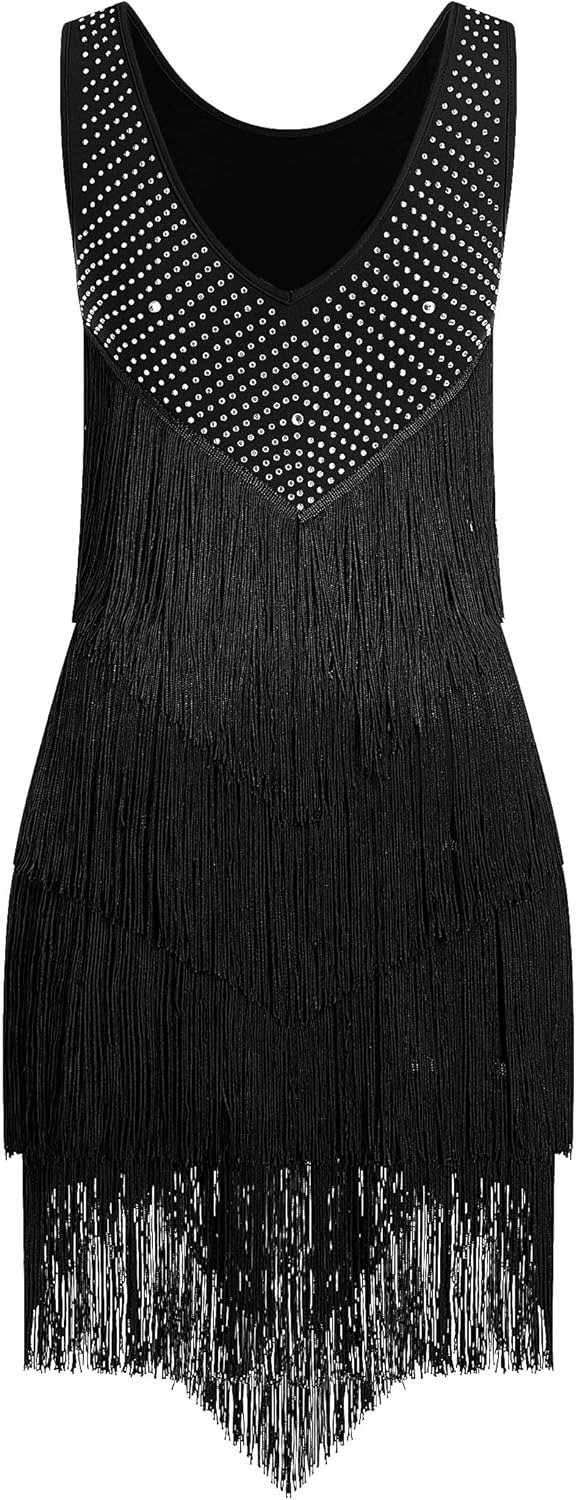 IWEMEK Rhinestones Layered Fringe Dress Ballroom Latin Dance Dress for Women Tiered Tassel Flapper Dresses Dancing Costume
