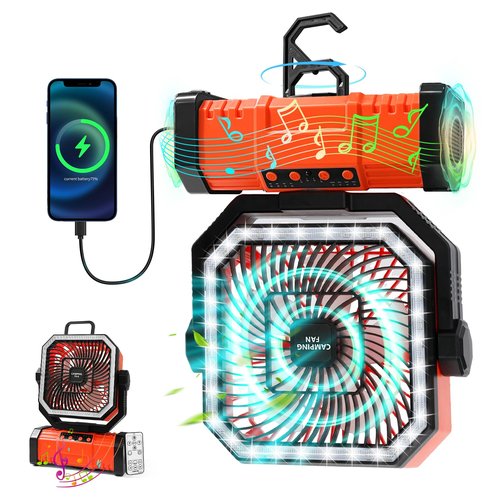 Super RGB 20000mAh Portable Camping Fan W/Bluetooth Speaker, Rechargeable Battery Operated Oscillating Camp Tent Fan W/Remote control, 4 Speeds, LED lights & 360° Rotation Hook for Outdoor RV Travel