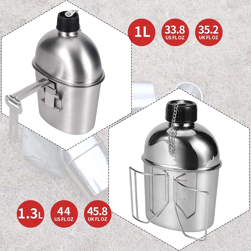 Goetland 1QT Stainless Steel WWII US Army Canteen with Cup & Nylon Pouch – Grab Handle Cup Variation