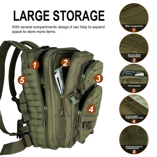 40L Tactical Backpack, Camouflage Military Bug Out Bag, Durable MOLLE Hiking Camping Gear (GREEN)