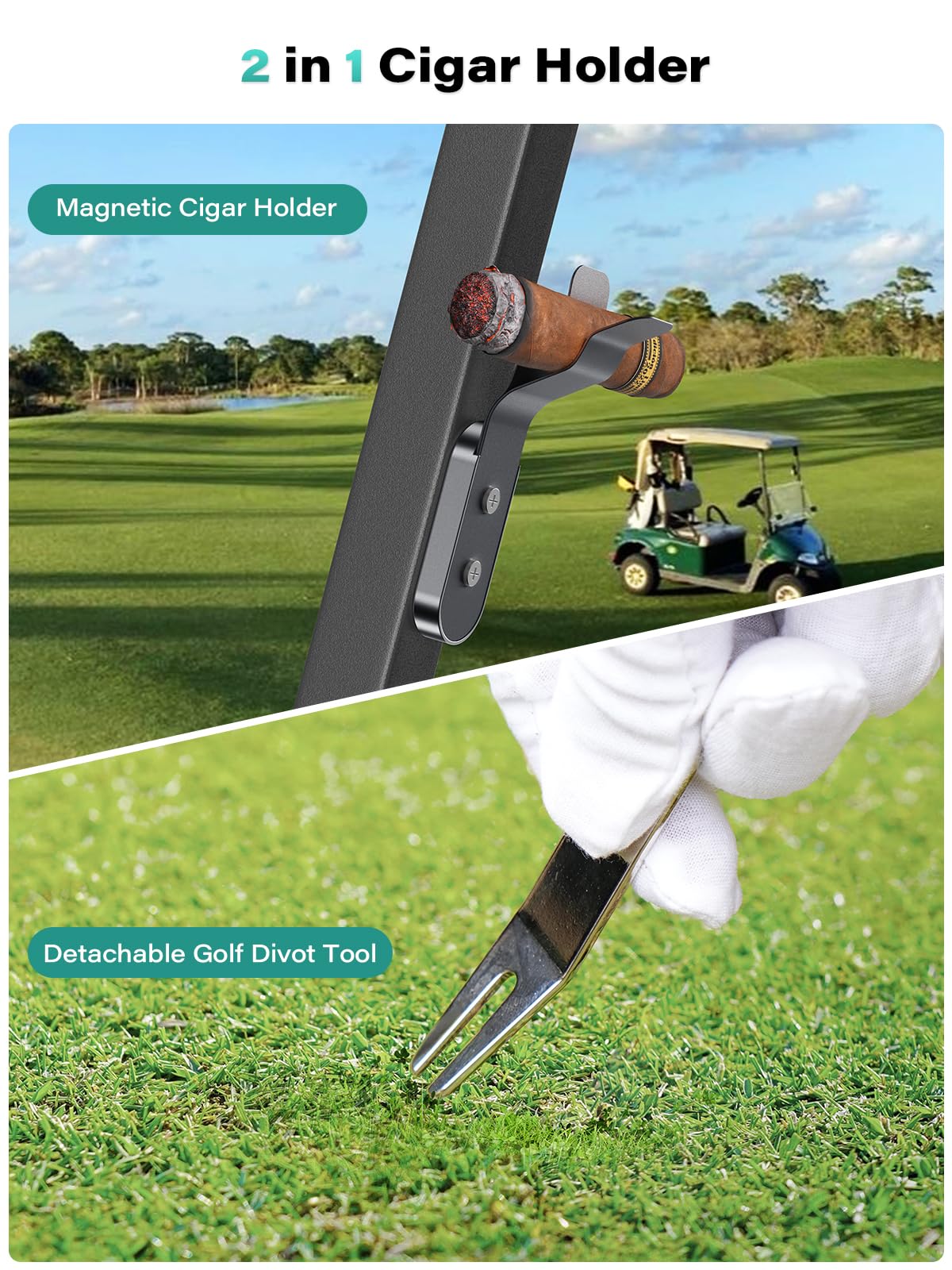 ICARMOUNT 2 in 1 Magnetic Golf Holder for Golf Cart, Fishing Boat, Duck Blind - Fit Gauges 30-60 [Never Crush], Aluminum Alloy Clip with Detachable Golf Divot Tool, Golf Cart Accessories, Golfer Gift