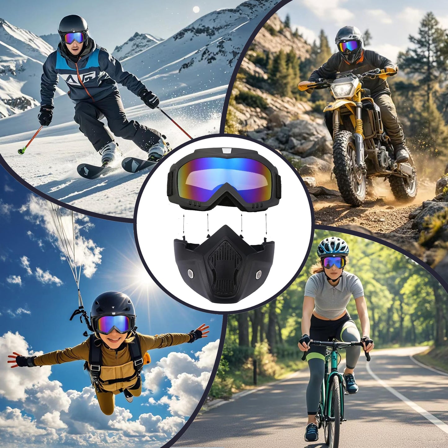 2 Pieces Motorcycle Goggles Detachable Face Mask,Paintball Mask Anti Fog, ATV Dirt Bike Paintball Goggle Anti-Scratch UV400 Eyewear for Men Women