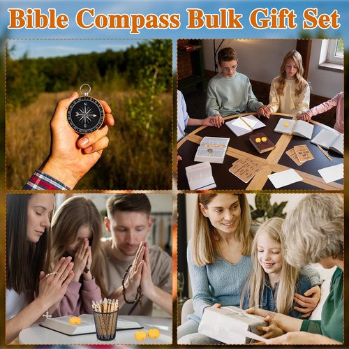 LIUBUJINGYING 20 Set Christian Gifts Bulk Bible Verses Compass Camping Survival Pocket Compass with Pocket Notebooks Religious Scripture Bamboo Pens for Church Sunday School Graduation Hiking