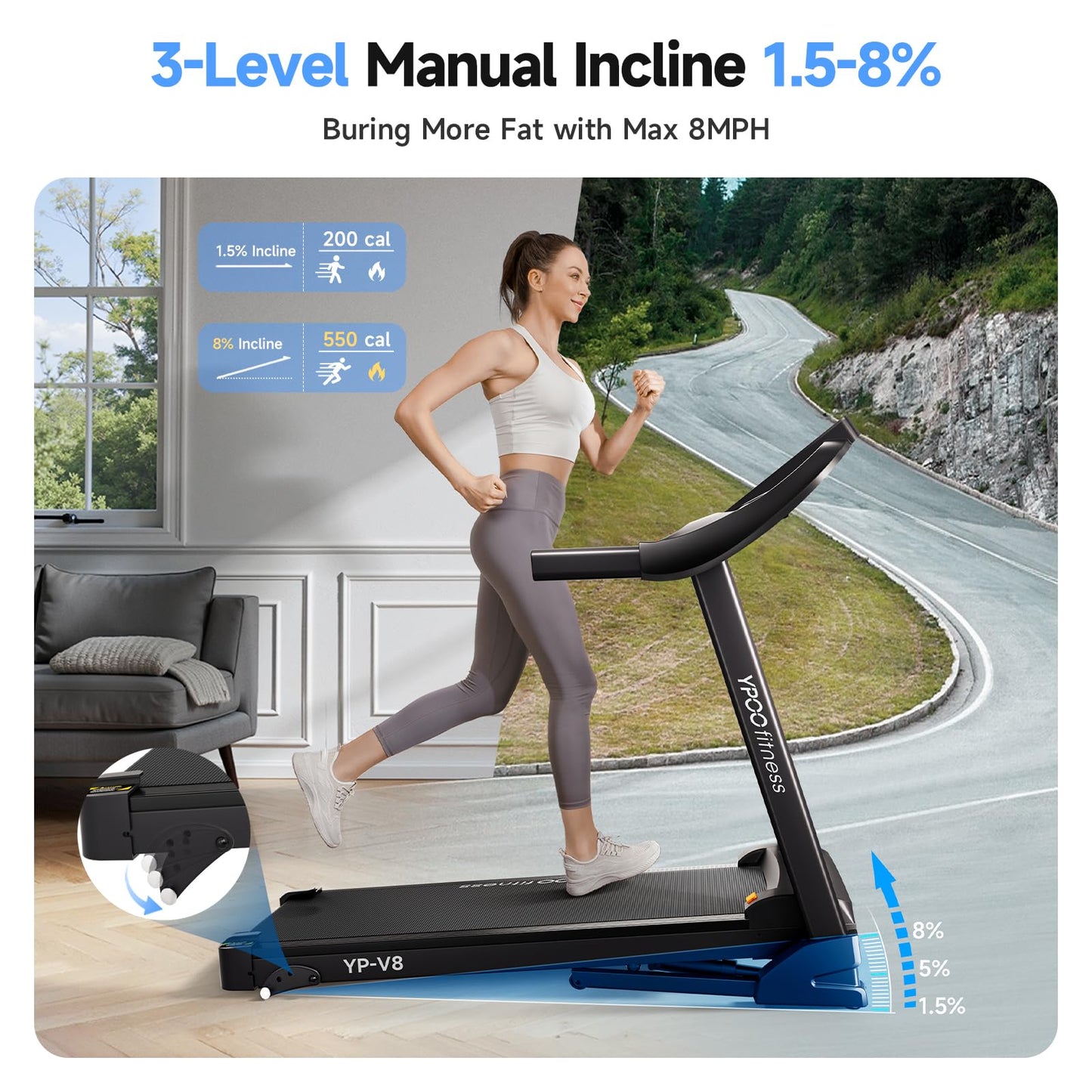 YPOO Treadmills for Home with Incline, Auto Foldable Running Treadmills, 8.0 MPH Walking Pad Treadmill with Bluetooth, 300 lbs Weight Capacity Quiet
