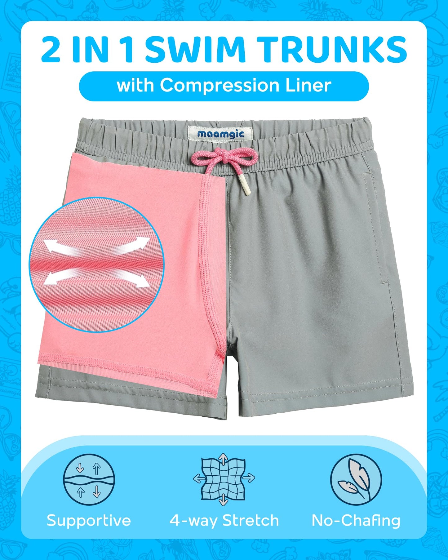maamgic Boys Swim Trunks with Compression Liner 4-Way Stretch Quick Dry Swim Shorts Swimming Trunks Toddler Boy Gray Pink 5-6 Years