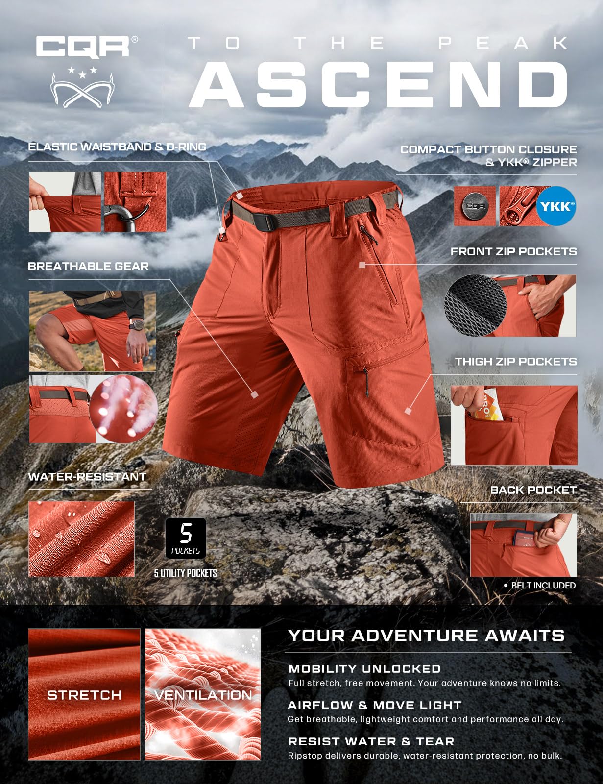 CQR Men's Quick Dry Stretch Hiking Cargo Shorts, Lightweight Water Resistant Tactical Casual, Golf & Outdoor with Pockets