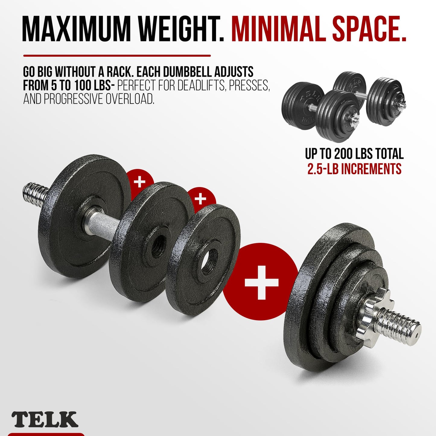 TELK – Adjustable Dumbbell Set 200 (100lb x 2) – Home Gym Weight Set with Baked Enamel Cast Iron Plates – Space-Saving Free Weights for Strength Training