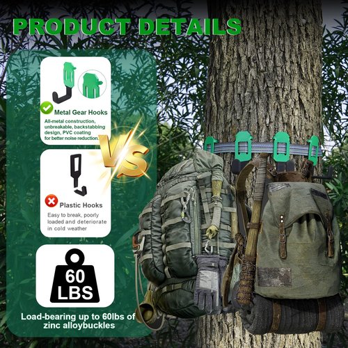 HNJXCAQYQ Tree Stand Strap Bow Hangers - Comes with 3 Metal Gear Hooks and 1bow Hanger Archery, for Tree Stand Platform Saddle Hunting Accessories-No Plastic Parts，Storage Bag Included