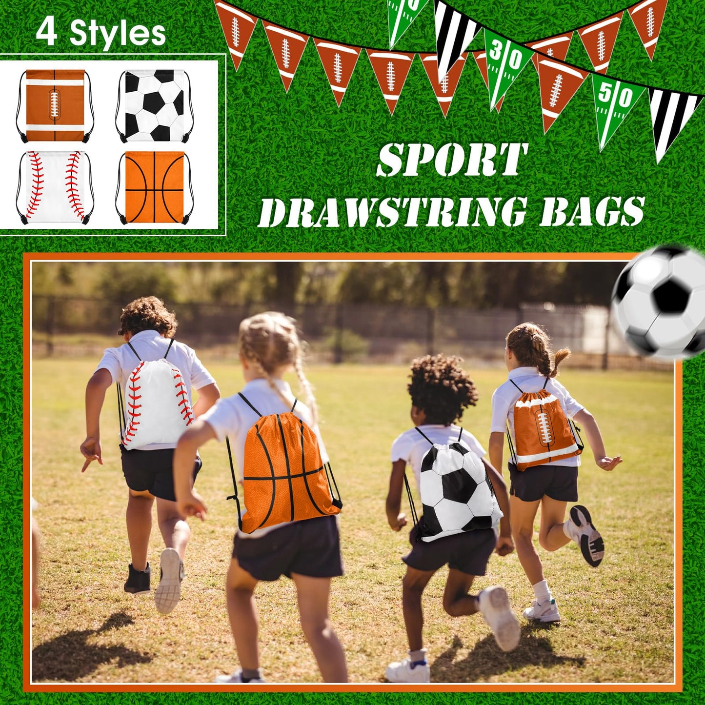 Censen 24 Pcs Drawstring Bags Set Bulk 12 x 10 Inch Waterproof Beach Bag for Soccer Baseball Basketball Football Gift Party (Sport Style)
