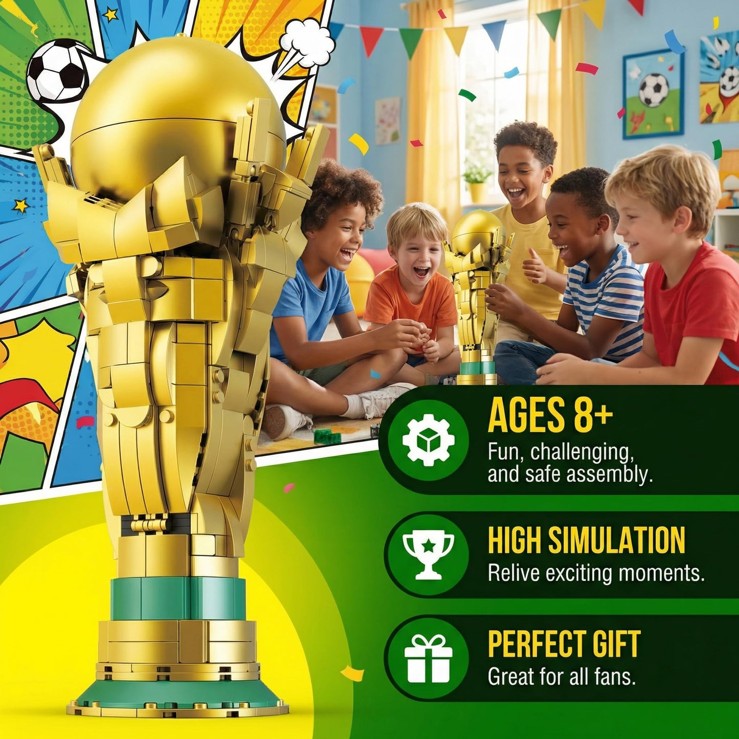 Lovinkiki Soccer Trophy Building Set - STEM Golden Footballl Cup Model for Display Iconic Gold Sports Desk, Home Decoration for Soccer Fans - 446PCS