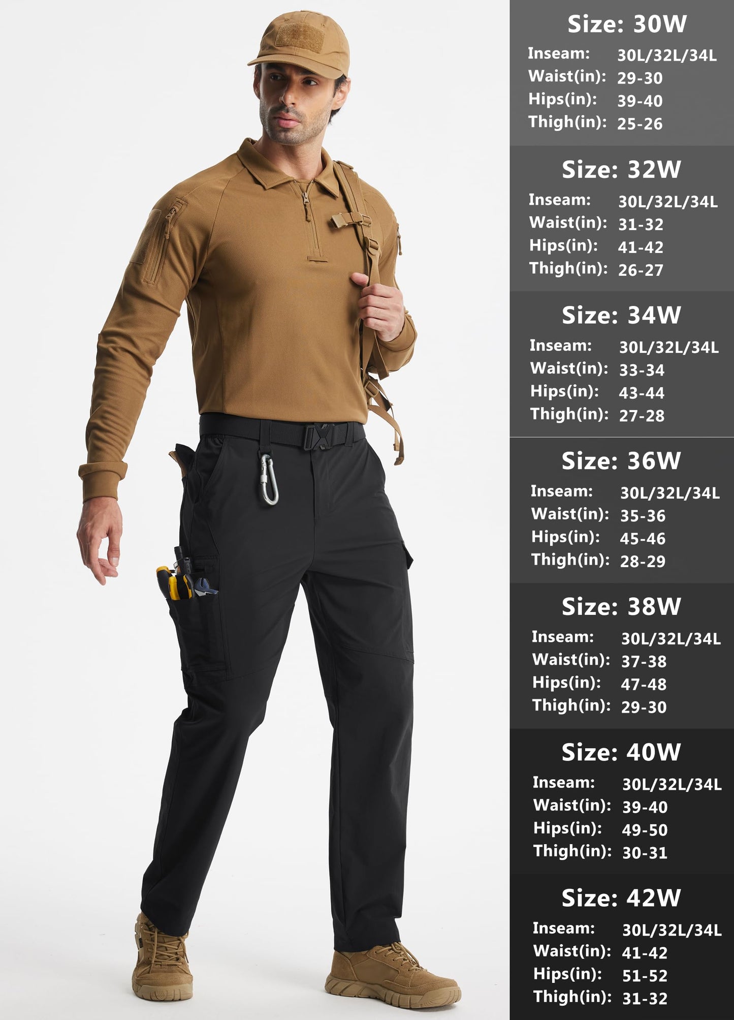 Libin Men's Work Pants Hiking Cargo Pants Water Resistant Stretch Tactical Outdoor Trousers with 9 Pockets, Black, 32W x 32L