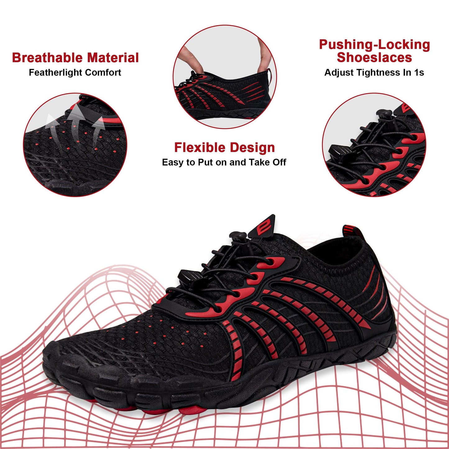 Water Shoes for Women Men, Quick Dry Barefoot for Workout, Hiking, Walking, Yoga, and Water Sports, Lightweight, Non-Slip, Athletic River Shoes for Outdoor Sports and Exercise Black/Red