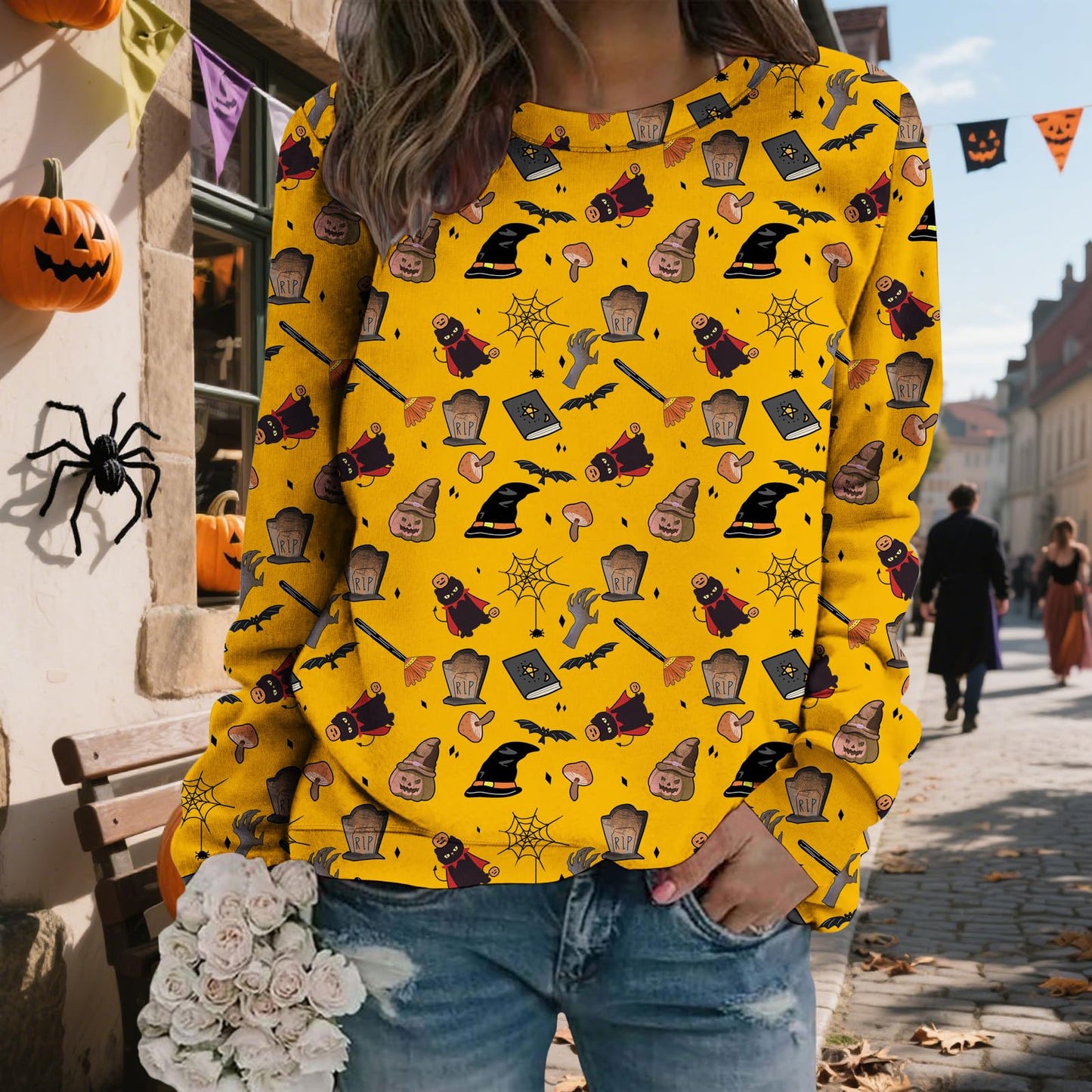 LOAIHA Womens Halloween Sweatshirt Pumpkin Ghost Pattern Long Sleeve Crew Neck Pullover Cotton Blend Casual Holiday Top
