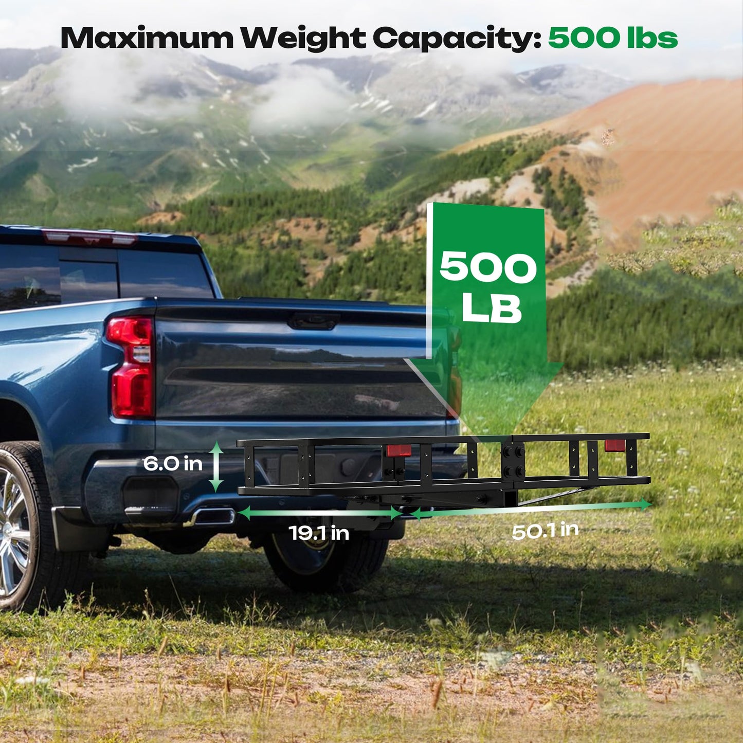 Folding Hitch Cargo Carrier, 500Lbs Capacity Tow Cargo Basket Luggage Rack for SUV 50x19x6 Inches AUSUM MOTOR Cargo Racks for Trailer fit 2 Inches Hitch Receiver with Stabilizer