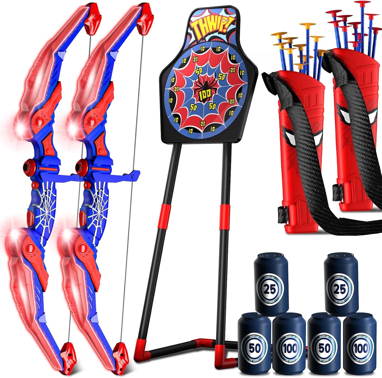 Kids Bow and Arrow Set, Led Light Up Bow and Arrow for Kids, Archery Set with Quiver & Web Target, 10 Suction Cup Arrows & Another 3 Target Cans, Outdoor Games for 4-6 8-12 Year Old Boys