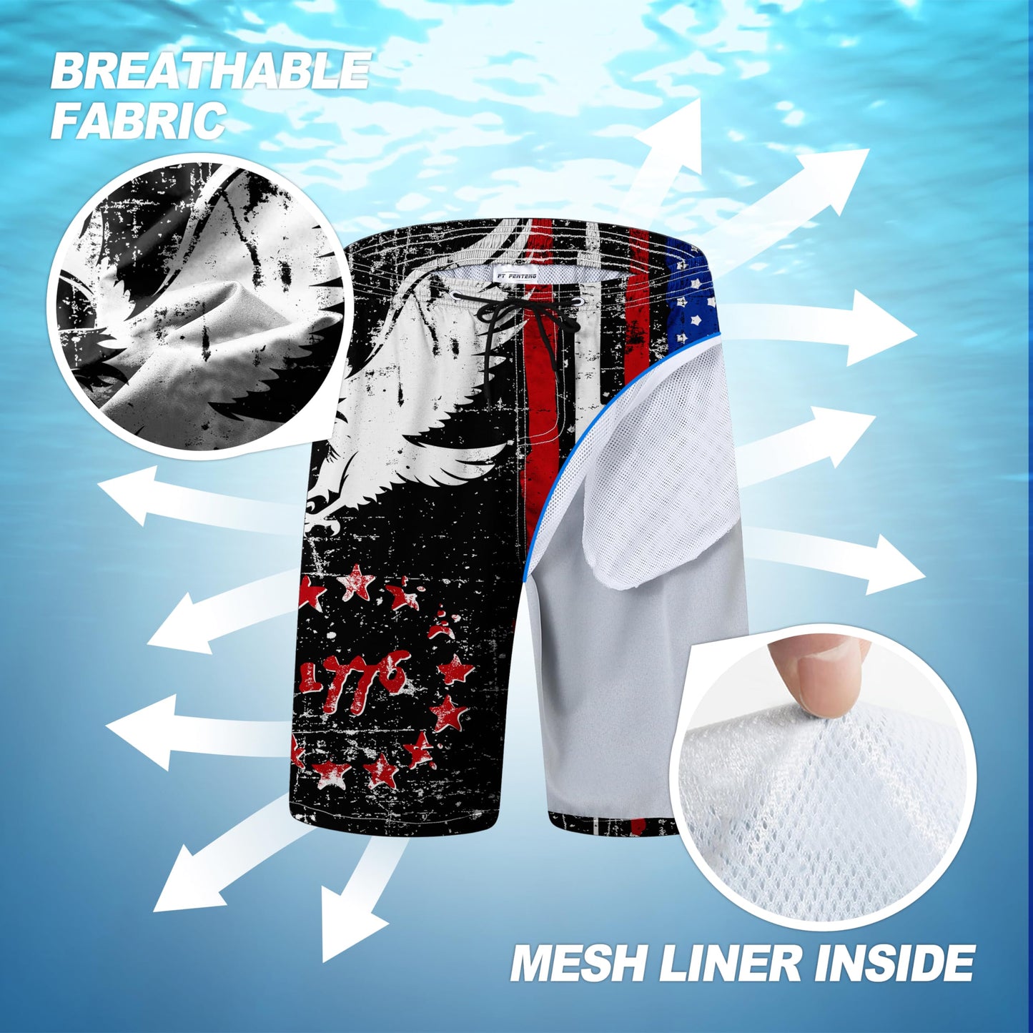 FT FENTENG Mens Swim Trunks Swimsuits, Patriotic 1776 American Flag Board Shorts Men's Swimwear Bathing Suit with Mesh Lining, Funny Hawaii Quick Dry Beach Shorts for Mens Swimming Trunks, Large