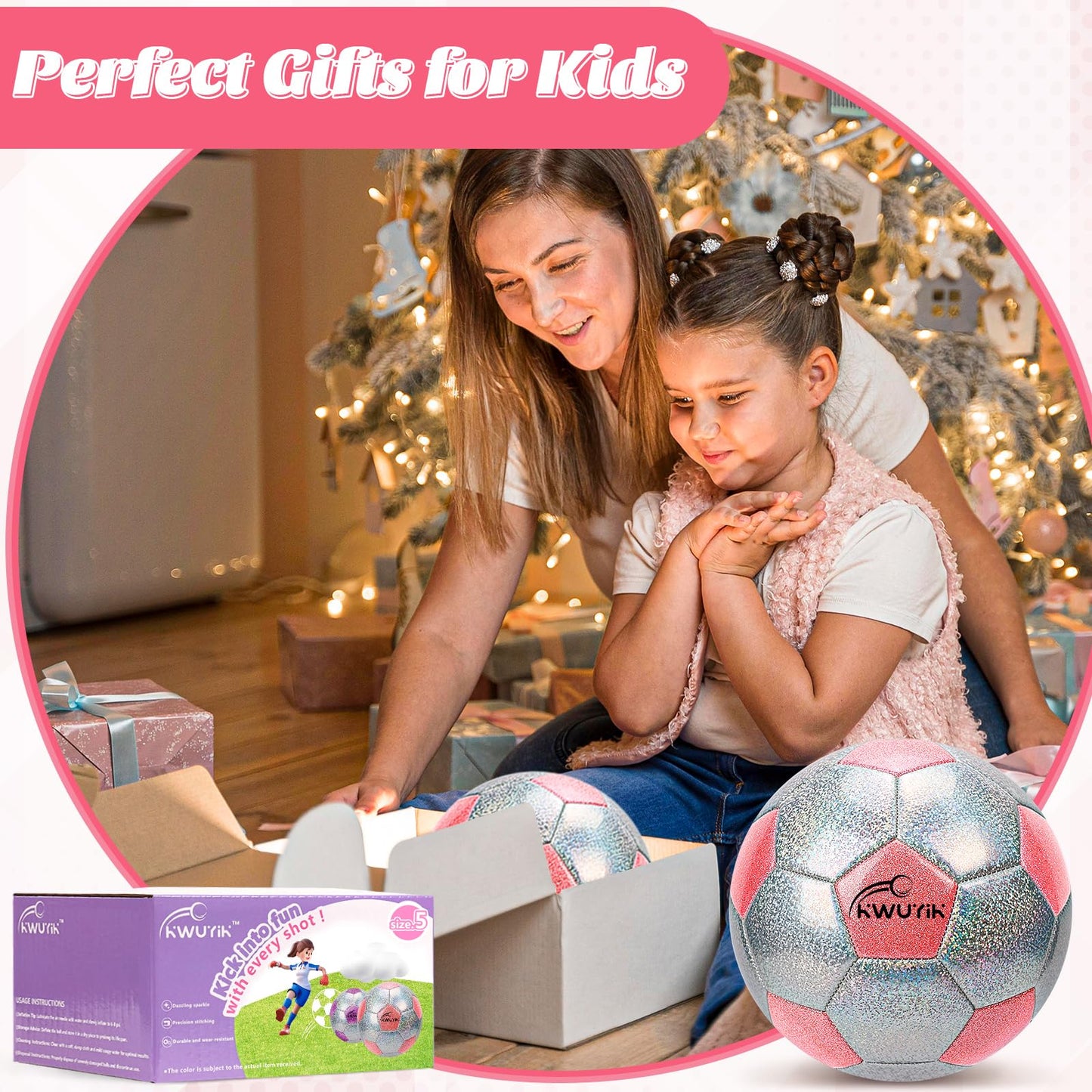 OKWUYiK Soccer Ball Size 5 Glitter Pink & Silver Spliced with Pump Toddler Soccer Ball for Kids Aged 8-12 Outdoor Training Ball for Girls Boys Children Youth Teens(Pink & Silver Spliced, 5)