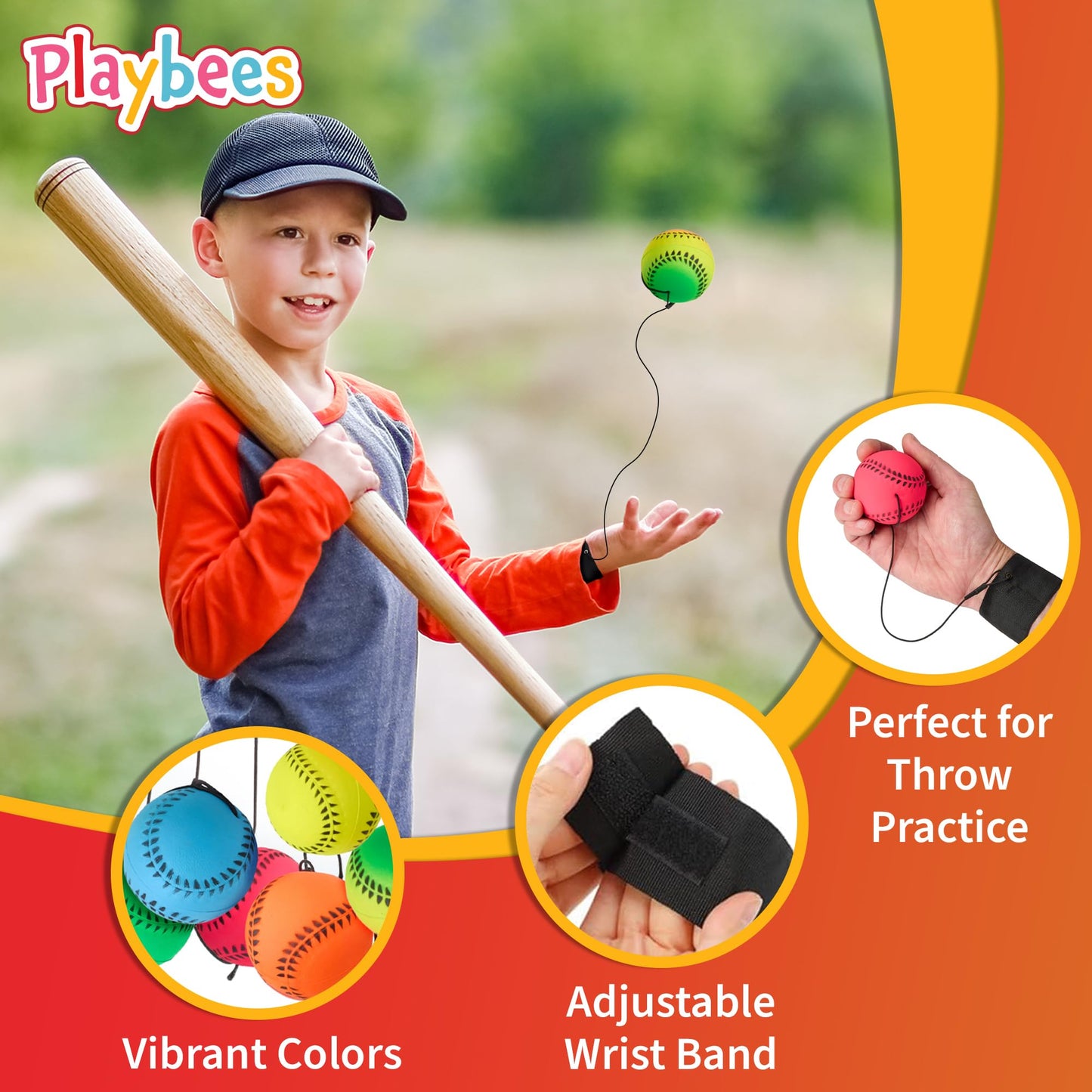 Playbees Wrist Baseballs Neon Reactive - 6 Pack - Practice Sports Balls for Fun Outdoor Activity for Kids - Spring Training, Party Favor, Baseball Season Gift, Sports Team Party Bag Filler