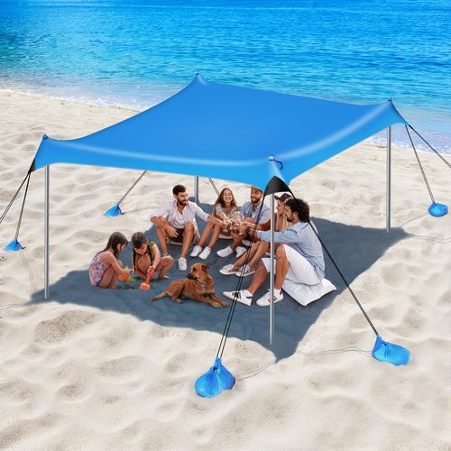 Raynesys Beach Tent Sun Shelter, 10 x 10 FT Beach Canopy Tent Sun Shade, UPF50+ Tents Canopy with 8 Sandbags & 4 Stability Poles, Outdoor Tents for Camping Fishing, Sky Blue