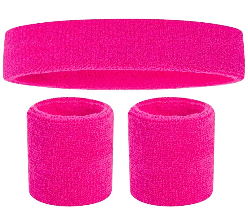Pink Sweatbands Set for Women – Headband + 2 Wristbands, 80s Neon Fitness Accessories