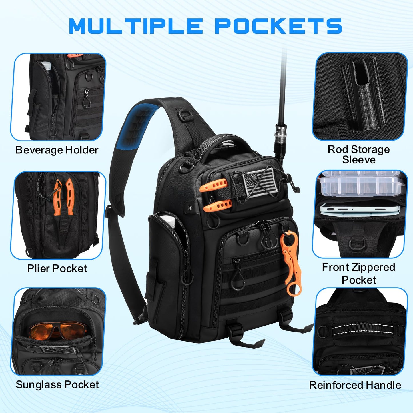 BAIXIXIG 18L Fishing Sling Bag with Removable Lure Wraps and Rod & Beverage Holder, Tackle Bag for Fishing Gear