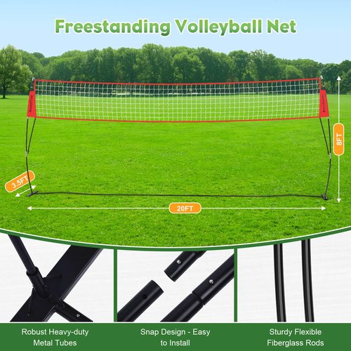 Hezeyferg 20FT Freestanding Volleyball Training Net, 5 Height Adjustable Portable Volleyball Net System, Quick Setup Practice Set for Indoor or Outdoor Use (Red)