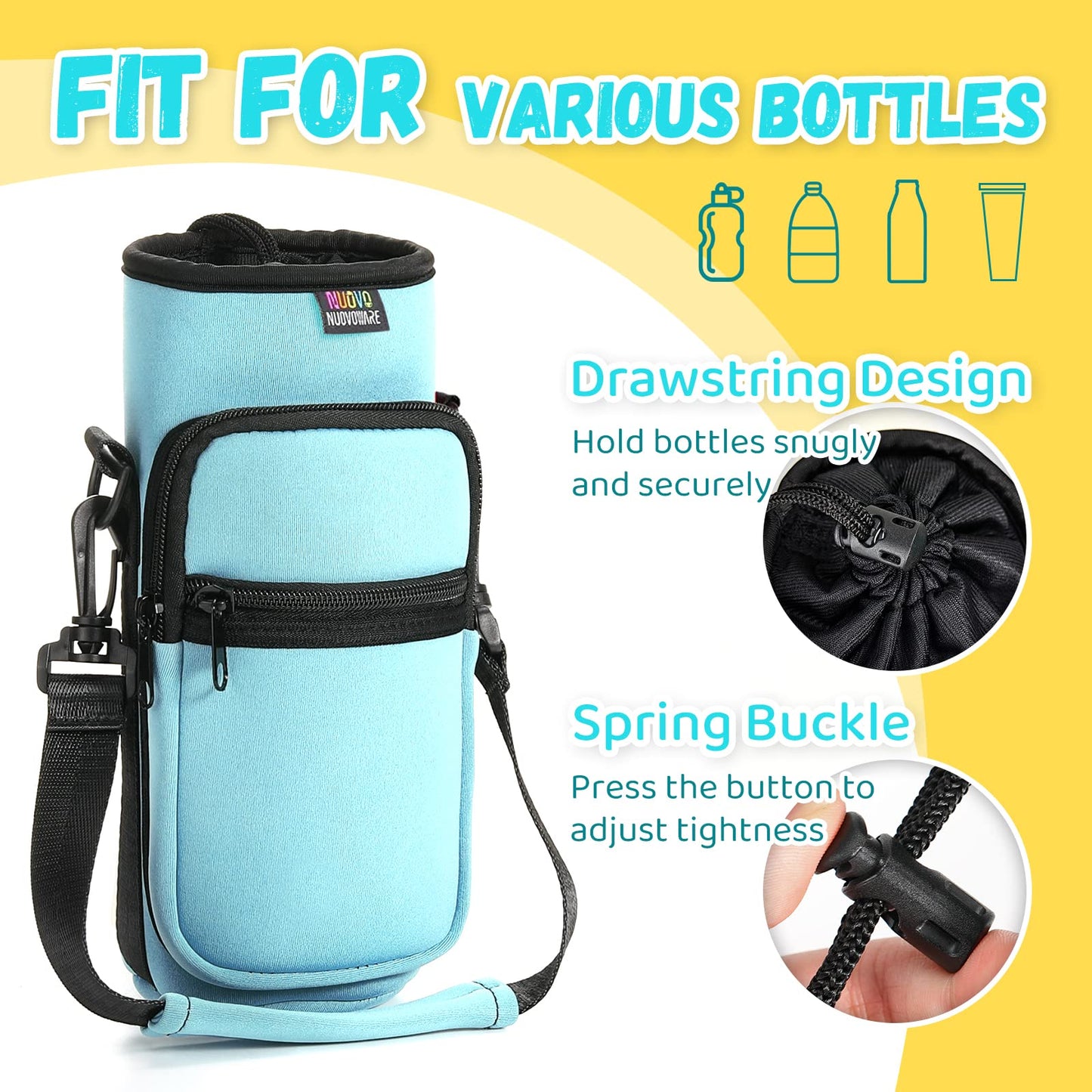 Nuovoware Water Bottle Carrier Bag, 25oz/32oz Pouch Holder, Adjustable Shoulder Hand Strap 2 Pocket Sling Neoprene Sleeve Sports Water Bottle Bag for Men Women Hiking Travelling, Dusty Blue