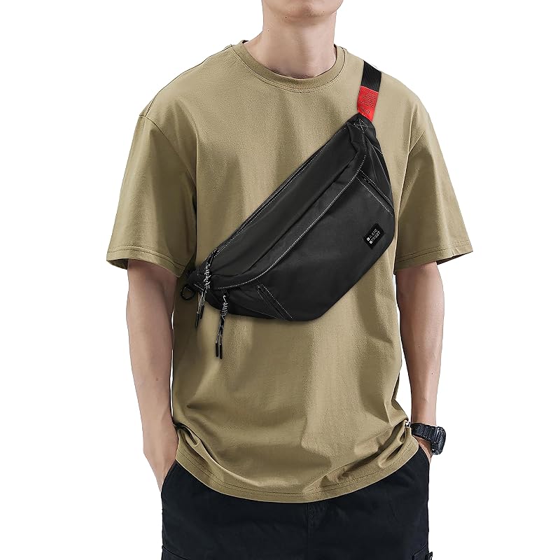 SUNMOP Large Crossbody Fanny Pack for Men & Women, Waterproof Belt Bag with 5 Zippers - B-Black-M