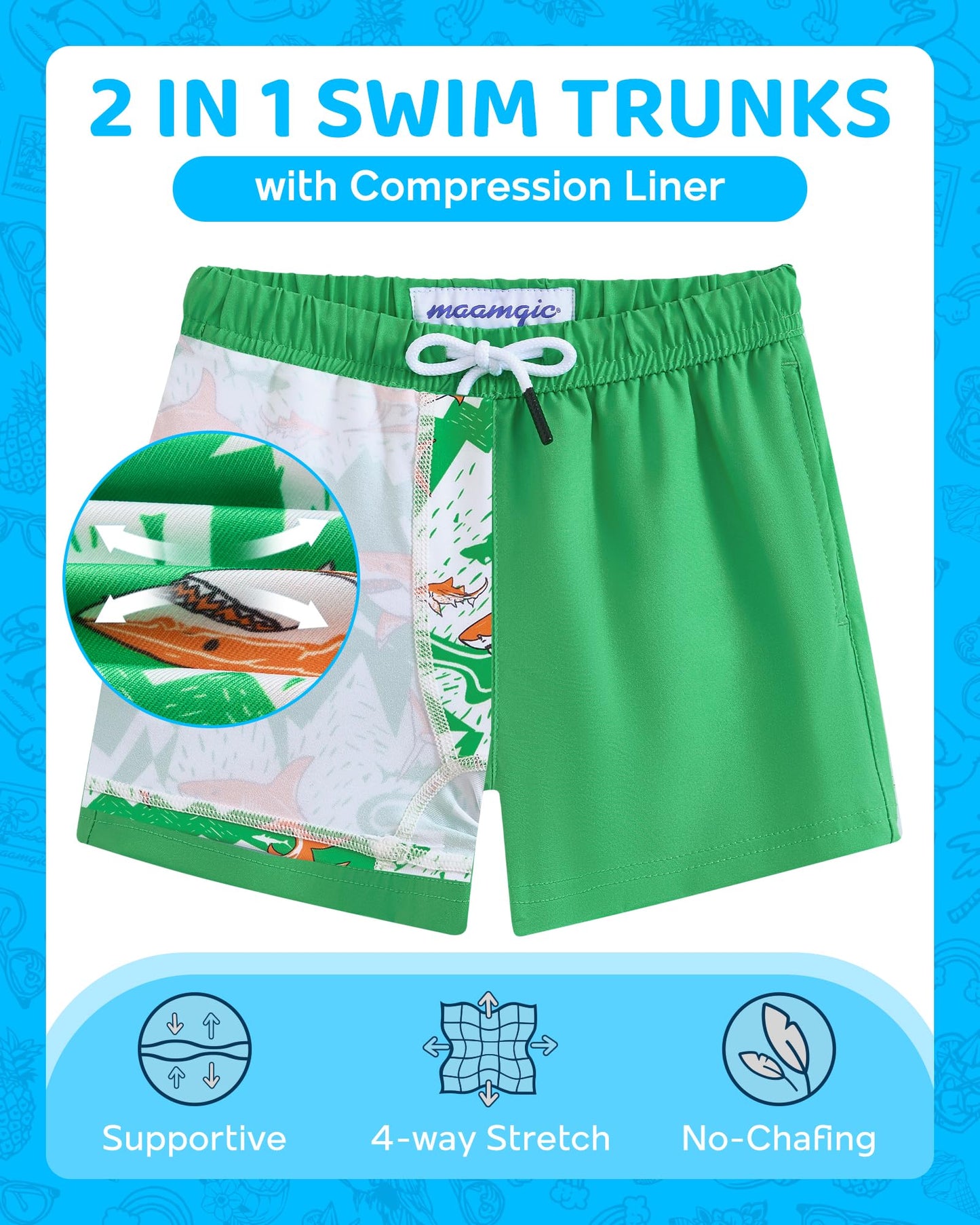 maamgic Boys Swim Trunks with Compression Liner 4-Way Stretch Quick Dry Bathing Suit Toddler Beach Shorts Retro Green 2T