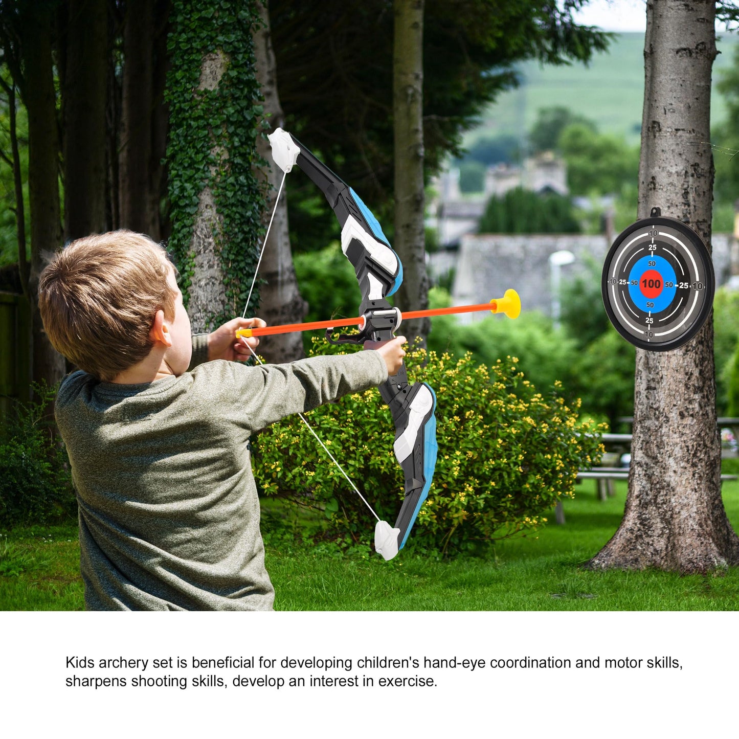 PowerTRC Kids Bow and Arrow Set, Bow and Arrow Set for Kids 8-12 – Kids Archery Set with Target Practice LED Light Up with 10 Suction Cup Arrows & Quiver Outdoor Play Toys (Blue)