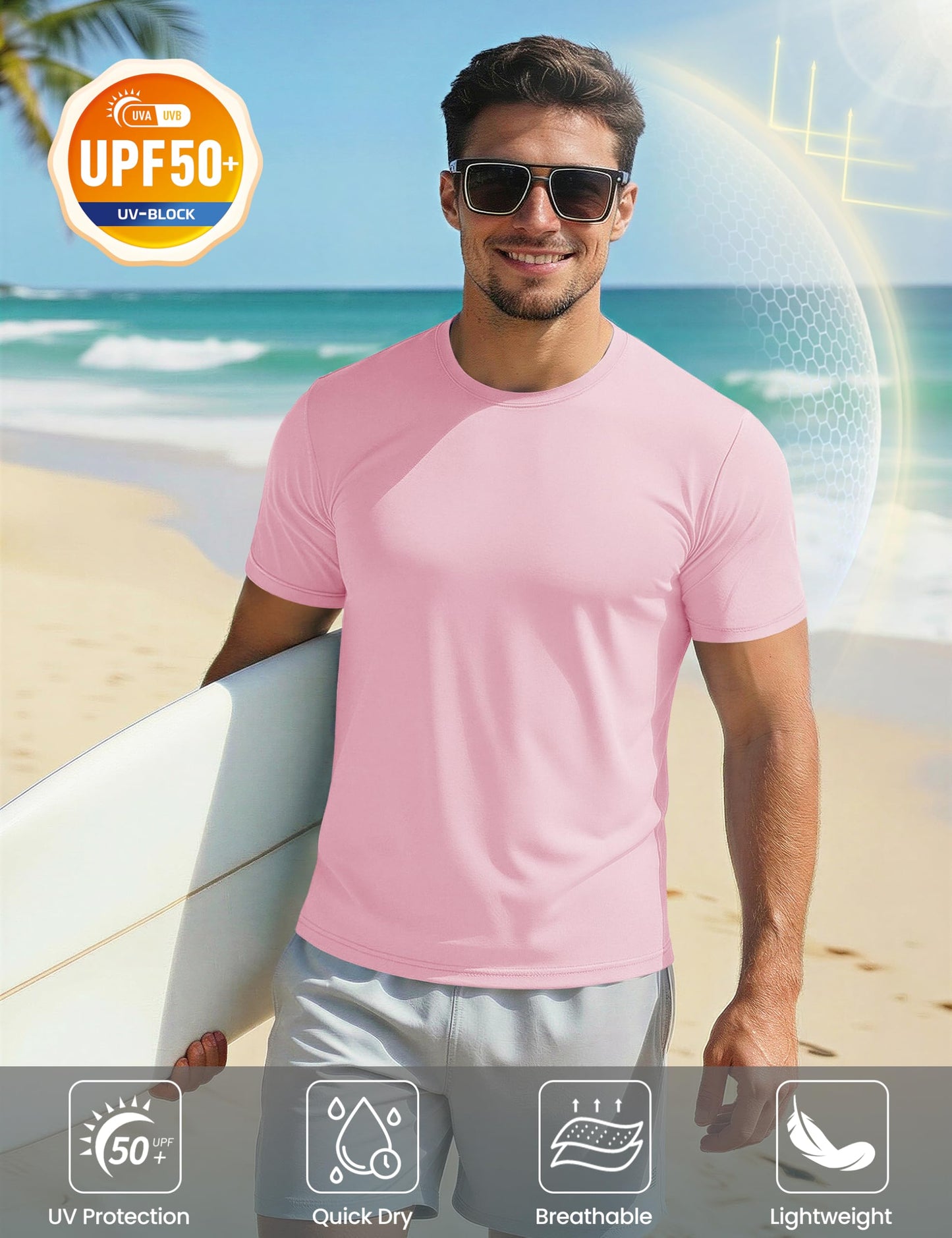 Men's Quick Dry T-Shirt - Sun Protection Running Shirt - Short Sleeve - Light Pink - XL