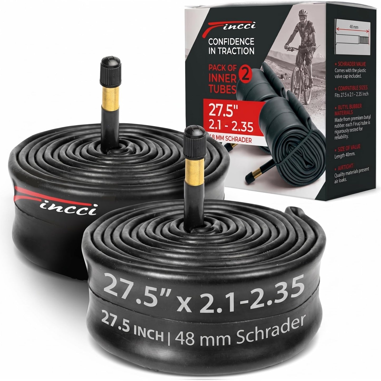 Fincci Pair 27.5 x 2.10-2.35 Inch Bike Inner Tubes, 48mm Schrader Valve – Pack of 2, Ideal for Mountain, MTB, Road, and Hybrid Bicycles