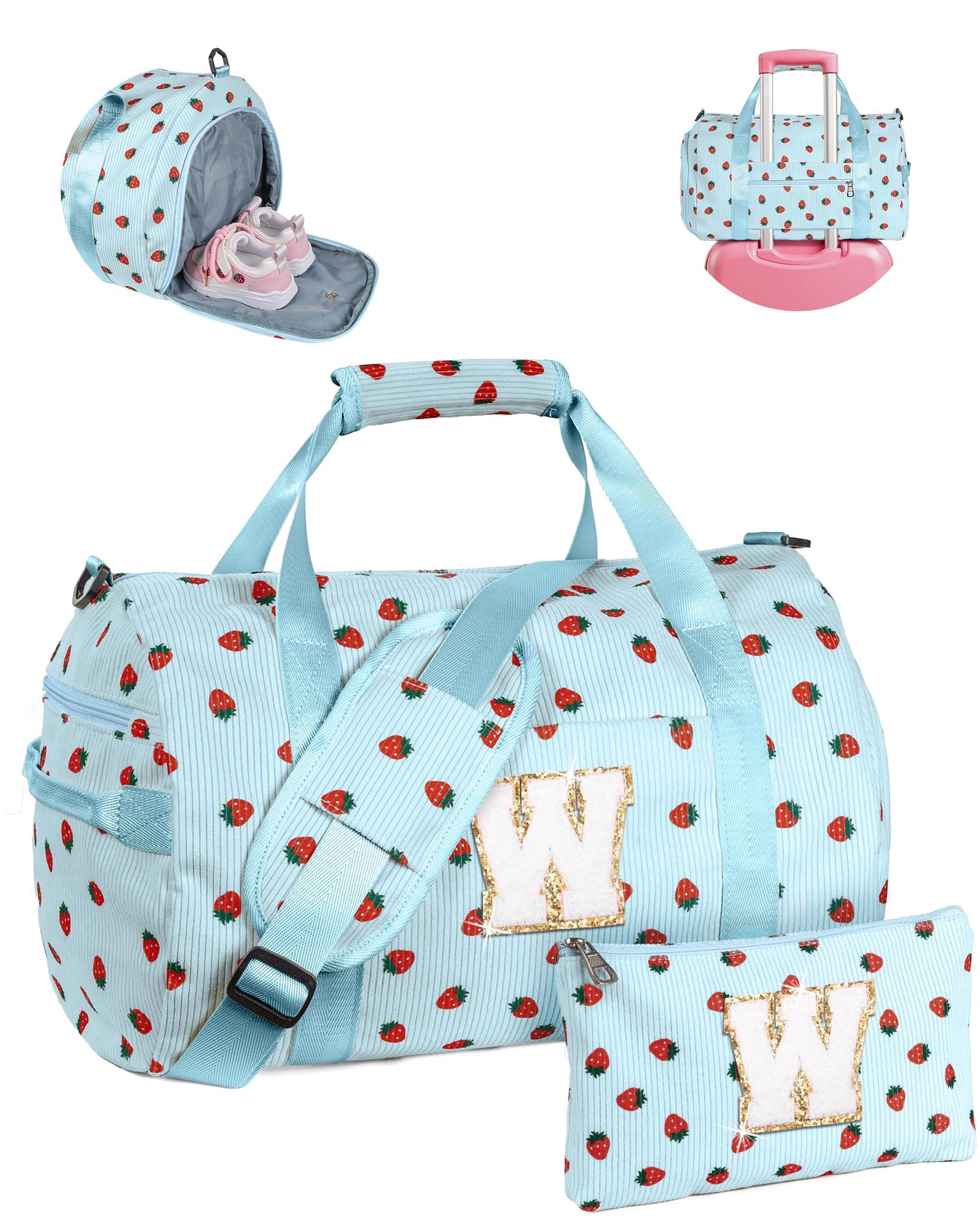 Vogewood Party Favors for Teenager, Girls Gym Bag, Kids Personalized Weekend Duffel Bags with Shoe Compartment, Initial Travel Tote with Makeup Bag, Gift Ideas for Niece Sister (Letter W)